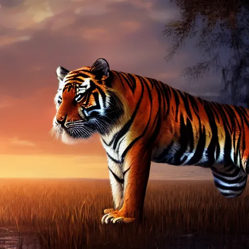 Prompt: bipedal tiger in a bandit costume standing in swamp water gazing at the sunset, fantasy, cinematic, studio ghibli, wide shot, dramatic lighting, dynamic, ultra realistic, ultra detailed, 8 k, thin line work, trending on artstation