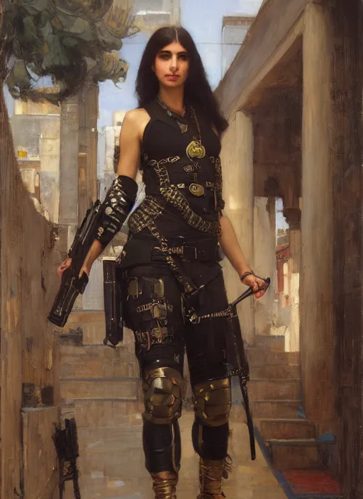 Image similar to Maria. beautiful cyberpunk mercenary wearing military vest. Iranian orientalist portrait by john william waterhouse and Edwin Longsden Long and Theodore Ralli and Nasreddine Dinet, oil on canvas. Cinematic, hyper realism, dramatic lighting, high detail 4k