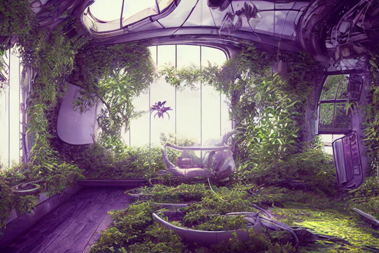 Image similar to inside a spaceship living quarters overgrown with plant life and ivy, artgerm, yoshitaka amano, gothic interior, 8 k, octane render, unreal engine