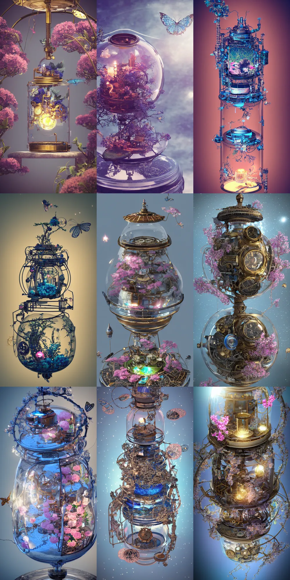 Prompt: steampunk satellite inside a glass jar, blue and pink bonsai tree, flower garden, intricate detail, hyper detailed, ultra realistic, sharp focus, octane render, lantern candle, butterfly, volumetric, ray tracing, artstation trending, moon, fairy cgsociety, sense of awe, swirling mist, 4 k