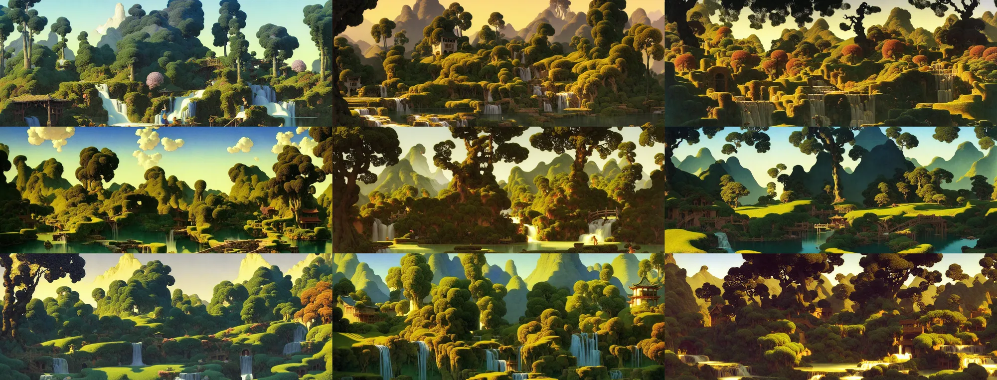 Prompt: a gorgeous landscape painting by barlowe wayne maxfield parrish and marco mazzoni. early spring morning. hyper detailed trees has just sprouted. tyndall effec!! light effect. chinese village. china waterwheel. the winding steps, waterfall from the mountain. ultra clear detailed. highly detailed, 3 d, octane render.