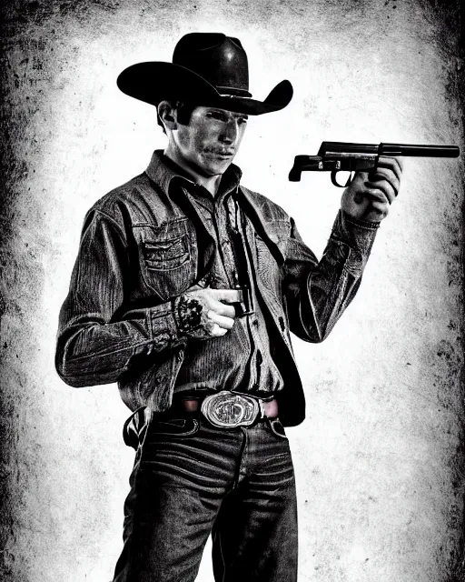 Image similar to portrait of cowboy holding realistic detailed colt revolver, black and white polaroid, western, high production value, intricate details, high resolution, hyperrealistic, hdr, high definition, award winning photography, masterpiece, ultra realistic, highly detailed, hd, sharp focus, cinematic lighting, shaded, non blurry, sharp, smooth