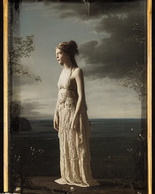 Image similar to a young woman standing by the sea, long hair, made of intricate decorative lace leaf skeleton, in the style of the dutch masters and gregory crewdson, dark and moody