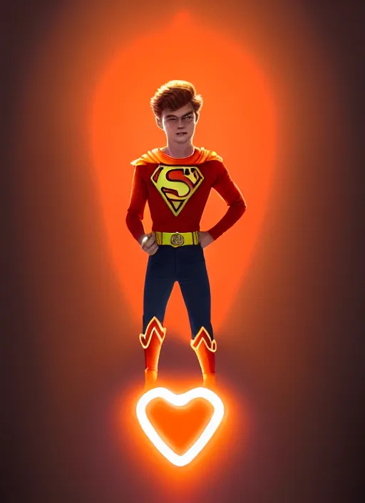 Image similar to kind teenage archie andrews wearing an orange superhero costume, superhero costume with heart emblem, cape, intricate, elegant, glowing lights, highly detailed, digital painting, artstation, sharp focus, illustration, art by wlop, mars ravelo and greg rutkowski