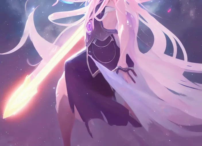 Image similar to a female space mage with long white hair, star guardian inspired, perfect art, trending on pixiv, painted by greg rutkowski makoto shinkai takashi takeuchi, akihiko yoshida