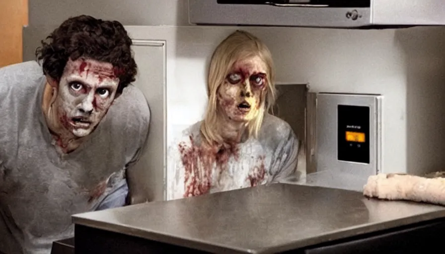 Image similar to big budget horror movie about microwave ovens using mind control to turn people into zombies