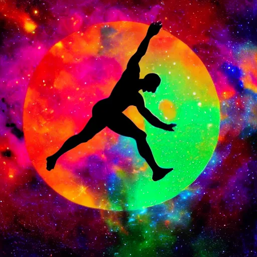 Image similar to athletic man doing a pullup using gymnastic rings, silhouette, long shot, in a cosmic nebula background, matte colors, dramatic, inspiring digital art trending on artstation