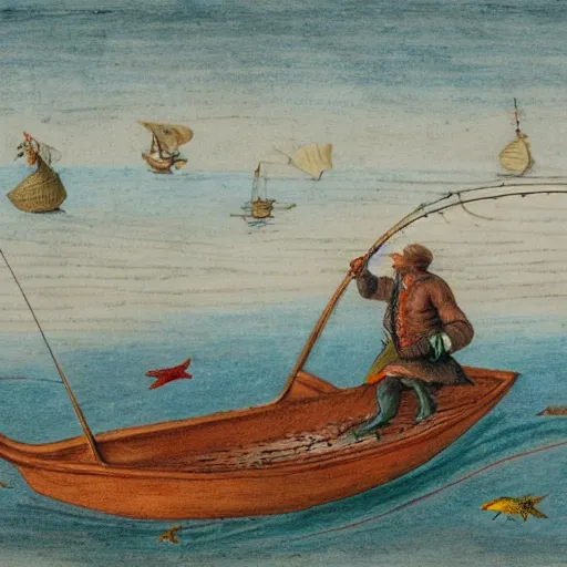 Image similar to highly detailed sketch of a man fishing on a tiny boat in the ocean by Maria Sibylla Merian