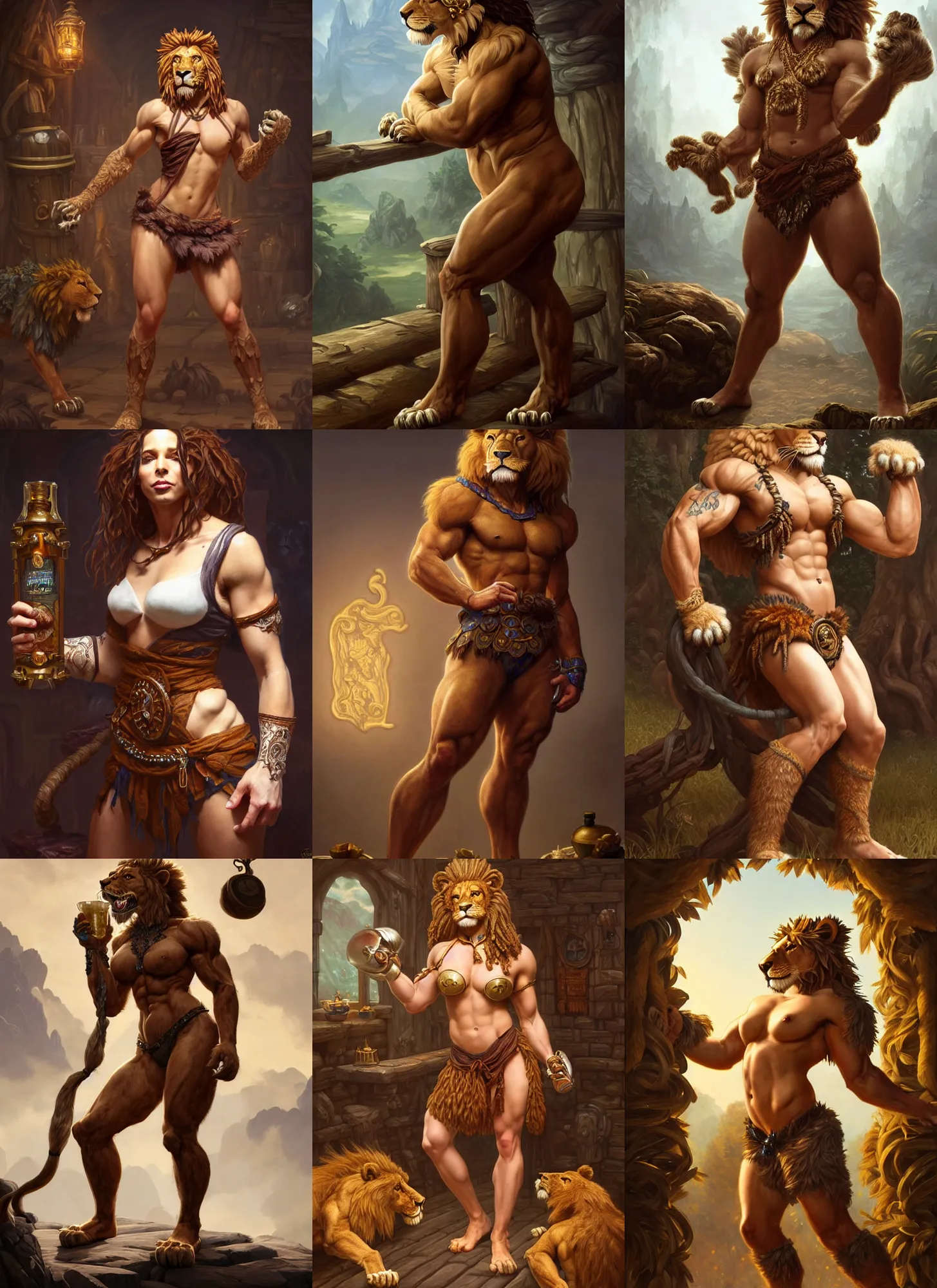 Prompt: full body photograph of a muscular male anthropomorphic lion man fursona as a tavern wench, deep focus, intricate, elegant, highly detailed, digital painting, artstation, concept art, matte, sharp focus, illustration, d & d, fantasy, hearthstone, art by artgerm and greg rutkowski and alphonse mucha