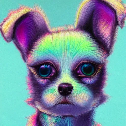 Image similar to Highly detailed pastel painting of a chibi puppy, detailed cyberpunk glitchcore synthwave art, trending on ArtStation