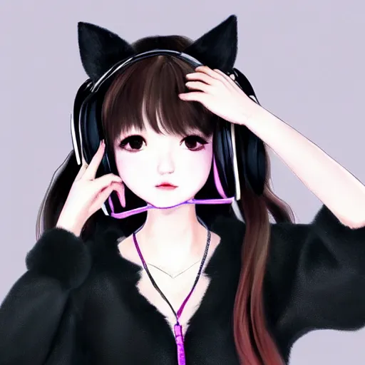 Image similar to realistic beautiful gorgeous natural cute Blackpink Lalisa Manoban black hair cute fur black cat ears, wearing white camisole, headphones, black leather choker artwork drawn full HD 4K highest quality in artstyle by professional artists WLOP, Taejune Kim, Guweiz on Pixiv Artstation