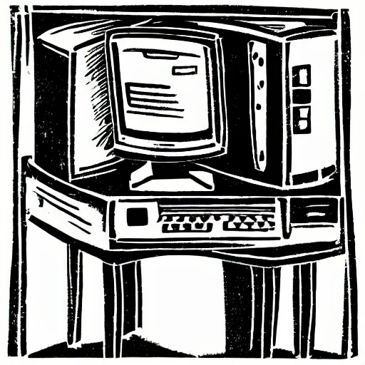 Image similar to linocut of a happy computer