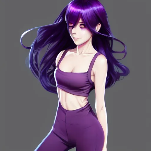 Full body view of women anime purple haired with a braid wearing pink  shirt, white leggins and white platform shoes, trending on artstation, hd,  art by sakimichan, anime style, at gym, character