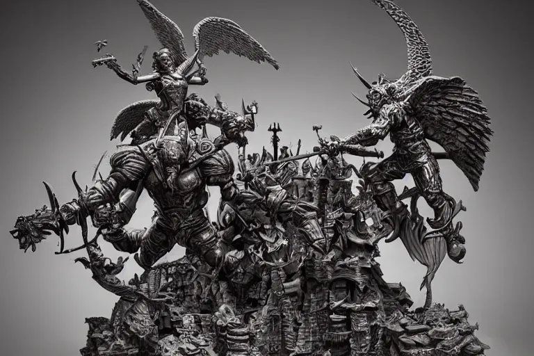 Image similar to an intricate 3d sculpture of the battle for good and evil with angels and demons by kris kuksi