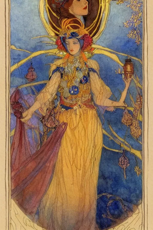 Image similar to queen of the dawn with her lantern and birds, by Annie Swynnerton and Nicholas Roerich Edmund Dulac, elaborate headdress and embroidered velvet, iridescent beetles, rich color, dramatic cinematic lighting, extremely detailed