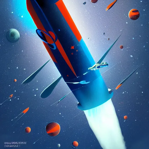 Image similar to Blue V2 rocket in space, tin tin, Orange planet, intricate, SCI-Fi, movie poster, digital art by raphael lacoste