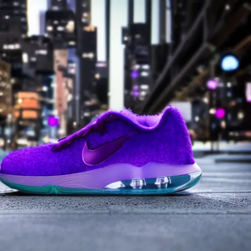 Image similar to futuristic nike shoe made of very fluffy purple faux fur placed on reflective surface, professional advertising, overhead lighting, heavy detail, realistic by nate vanhook, mark miner