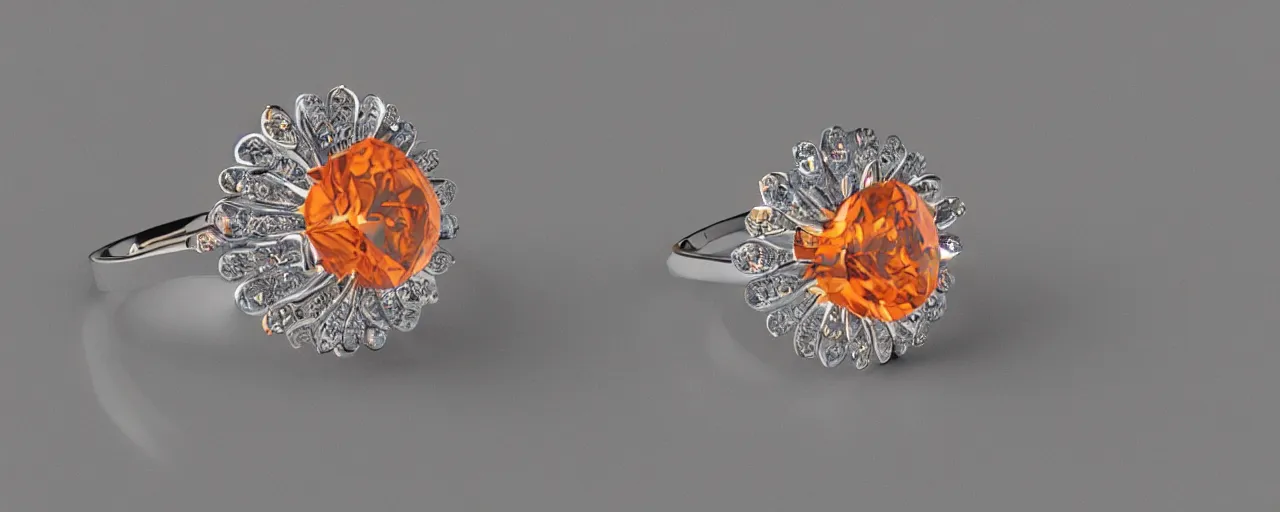 Image similar to simple white gold magic crystal ring, radiant cut, fire, orange, gold, smooth shank, crystal, engravings, diamonds, product design, jewelry, colorful, art by gerald brom, greg rutkowski and artgerm, photo realism, unreal engine, c 4 d