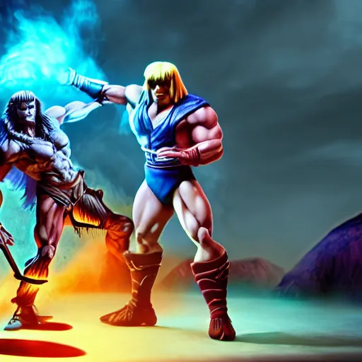 Image similar to He Man dancing with Skeletor, cinematic lighting, photorealistic