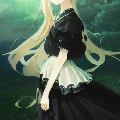 Image similar to victorique de blois anime girl gosick super detailed green eyes green eyes green eyes green eyes black dress black dress black dress black dress blonde hair by greg rutkowski makoto shinkai aramaki shinji artgerm, cushart krenz key art feminine award winning