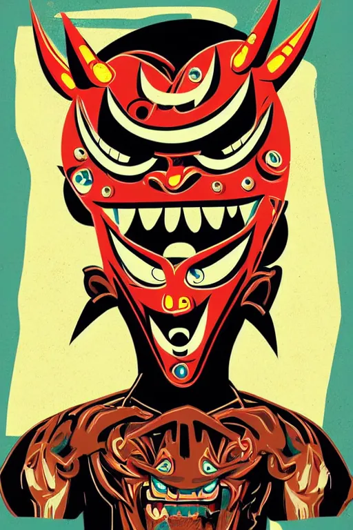 Prompt: guy wearing oni mask and bring skateboard. pop art, without duplicating image!!!, symmetrical, extreme details, digital painting, vector image, concept art, smooth, sharp focus, illustration, intricate, art by richard hamilton and mimmo rottela, pixels art by kirokaze and paul robertson