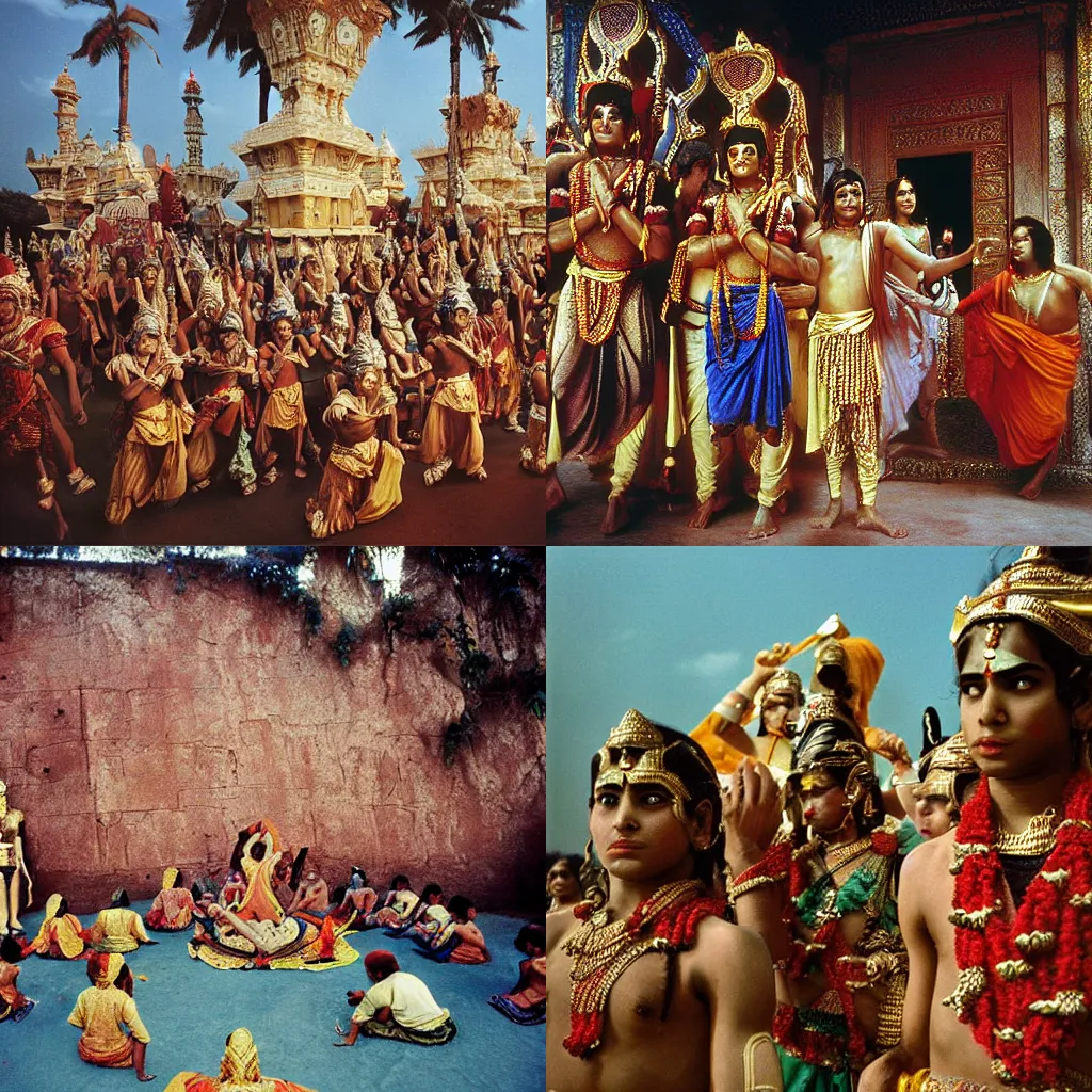 Prompt: an epic cinematic scene from Ramayan, photograph by Alex Webb for Magnum Photos, shot on large format film camera,