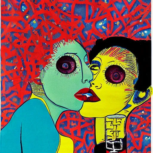 Image similar to beautiful painting of two bizarre psychedelic women kissing each other closeup in tokyo, speculative evolution, mixed media collage by basquiat and junji ito, magazine collage art, paper collage art, sapphic art, lesbian art