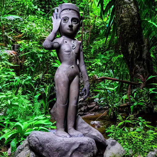 Image similar to Maya stone statue of an alien in front of a beautiful waterfall in the jungle, award winning photography, 8k