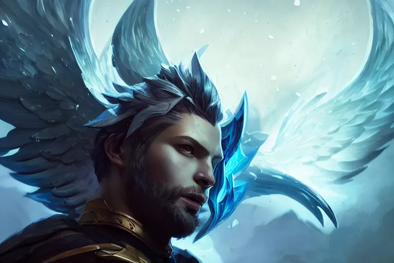 Image similar to amazing portrait of archangel micheal, league of legends splash art, deiv calviz, splash art, natural light, elegant, intricate, fantasy, atmospheric lighting, by greg rutkowski, league of legends splash art, hd wallpaper, ultra high details