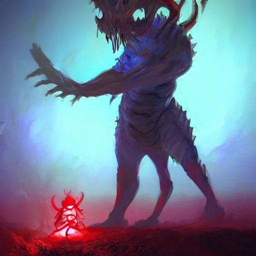 Image similar to larvae monster on dirt, trending on artstation, style of Artgerm and Greg Manchess, red and white lighting, blue glow