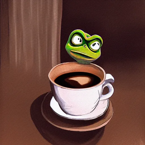 Image similar to pepe the frog offering coffee - composition : dynamic lighting, depth details, intricate, asymmetric, proportion, highly quality, balance, unity, extremely highly detailed. by bambang nurdianshyah ( face details and background ) garis edelweiss ( lighting ) roby dwi antono ( character and big details ) kira ayn varszegi ( small details )