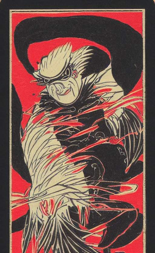 Prompt: by akio watanabe, manga art, portrait of tengu, flames, trading card front