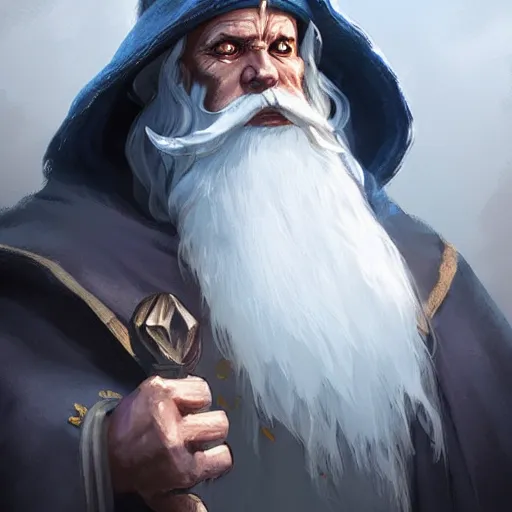 Prompt: a DnD character card of a wizard with a white beard and a blue robe and a wizard hat, hyperdetailed concept art by Ross Tran and Greg Rutkowski, realistic, trending on ArtStation, 8k