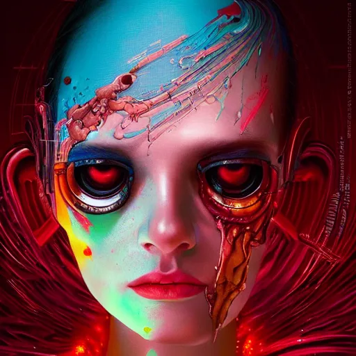 Image similar to portrait of an Android, melting ,8k,by tristan eaton,Stanley Artgermm,Tom Bagshaw,Greg Rutkowski,Carne Griffiths, Ayami Kojima, Beksinski, Giger,trending on DeviantArt,face enhance,hyper detailed,minimalist,cybernetic, android, blade runner,full of colour