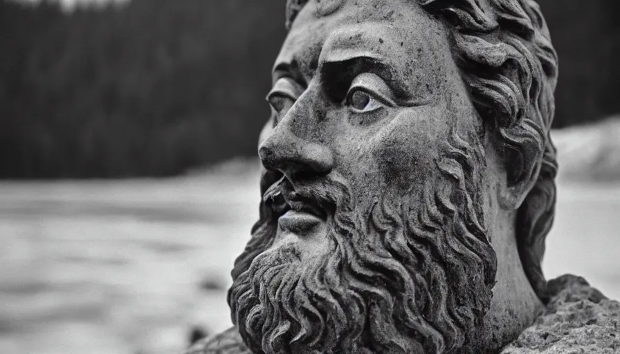 Image similar to 1 9 6 0 s movie still close up of marcus aurelius with wide open mouth frozen to death on a river shore with gravel, pine forests, cinestill 8 0 0 t 3 5 mm b & w, high quality, heavy grain, high detail, texture, dramatic light, anamorphic, hyperrealistic, detailed hair foggy