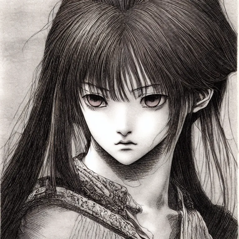 Prompt: young girl by kentarou miura, detailed