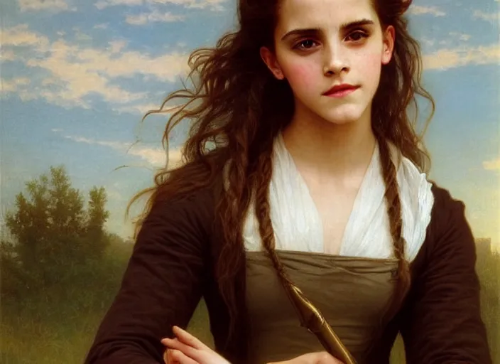 Prompt: painting of emma watson as hermione granger. focus on eyes. green eyes. extreme close up. beautiful. gorgeous. during golden hour. art by william adolphe bouguereau.