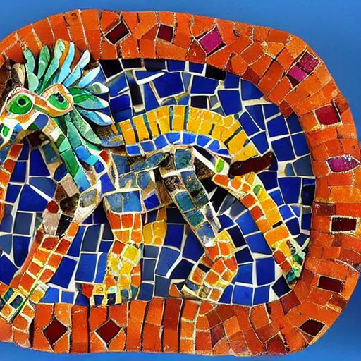 Image similar to mosaic sculpture of a alebrije chimera!!!, irregularly shaped mosaic tiles, hand glazed pottery shards, in the style of folk art, gallery photo