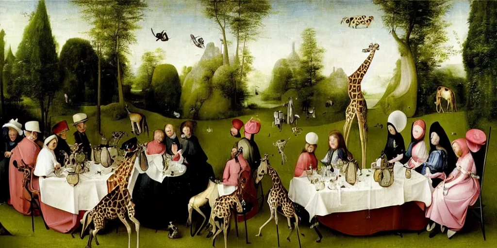 Image similar to elegant victorian tea party with giraffes in an english summer garden patio, hyper realistic hieronymus bosch - h 7 6 8