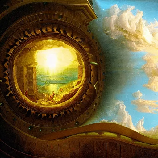 Image similar to award winning masterpiece with incredible details, a surreal 3d painting by Thomas Cole of a floating illuminated orb amongst an endless spiraling staircase on a checkerboard plane underwater