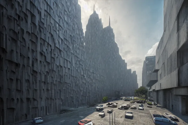 Image similar to streetscape, a towering cathedral of brutalist architecture, buildings covered with greebles, stunning volumetric light, sunset, metal, concrete and translucent material, stunning skies, majestic landscape, trending on Artstation, 8k, photorealistic, hyper detailed, unreal engine 5, IMAX quality, cinematic, epic lighting, in the style of Greg Rutkowski