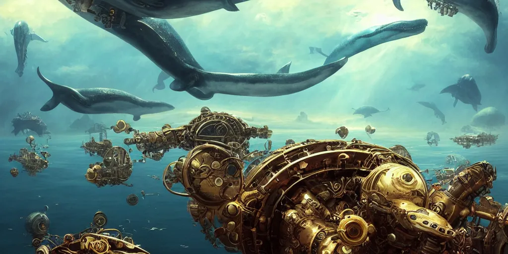 Image similar to Floating steampunk alien whales over a blue ocean, Darek Zabrocki, Karlkka, Jayison Devadas, Phuoc Quan, trending on Artstation, 8K, ultra wide angle, pincushion lens effect.