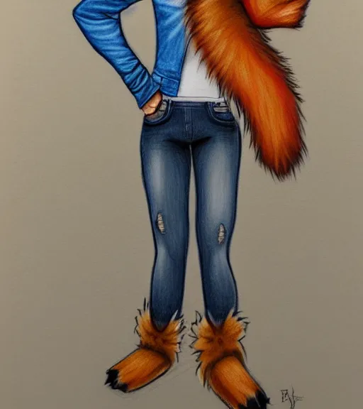 Image similar to expressive stylized master furry artist digital colored pencil painting full body portrait character study of the fox fursona animal person wearing clothes jacket and jeans by master furry artist blotch