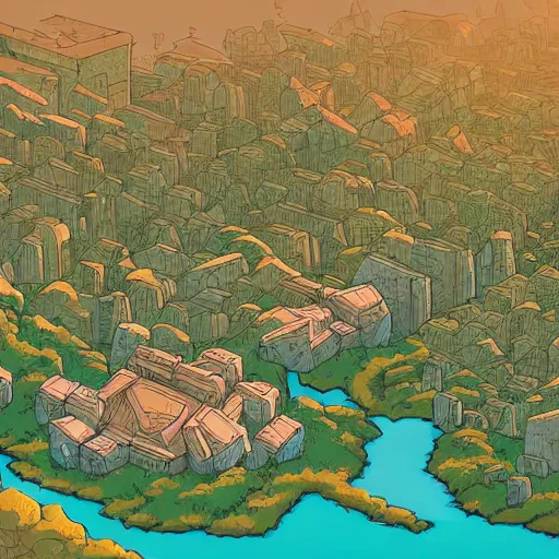 Prompt: cell shaded adult animation, a birds eye view overlooking a walled off ancient fantasy city being attacked by monsters, surrounded by mountains and trees of greens and browns, rivers and lakes, concept art by josan gonzales and wlop, Laurie Greasley and james jean, highly detailed, sharp focus, Trending on Artstation, HQ, deviantart, art by artgem