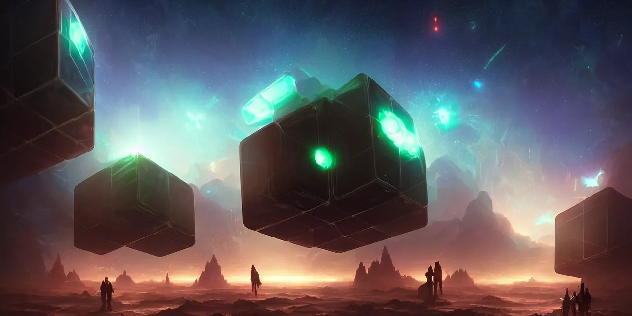 Prompt: a fleet of giant glowing futuristic cubes tied to each other with glowing light tubes in the sky, a fantasy magical landscape seen in the distance, atmospheric lighting, intricate, volumetric lighting, beautiful, sharp focus, ultra detailed, in the art style of marc simonetti, bowater charlie and brom gerald, astrophotography