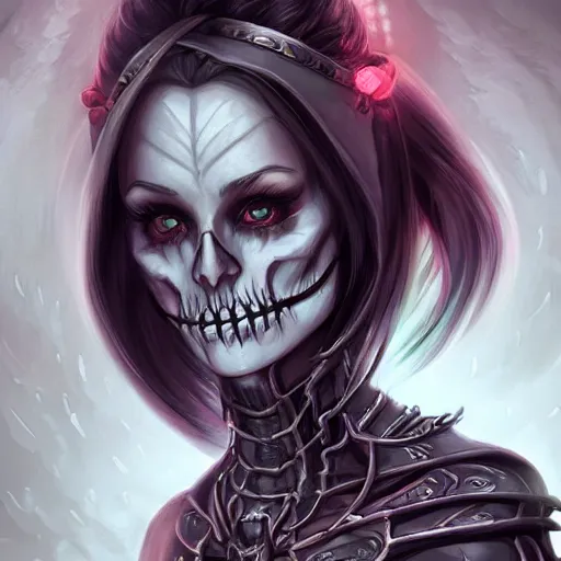 Prompt: beautiful female necromancer raising the dead, fantasy, highly detailed, digital painting, skeleton, trending on artstation, concept art, sharp focus, illustration, art by artgerm and nixeu, 2 d cg