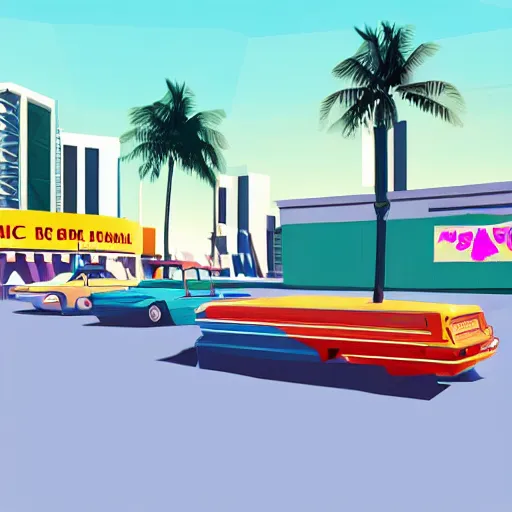 Prompt: concept art rockstar games vice city miami 8 0 playstation 2 style low polygon