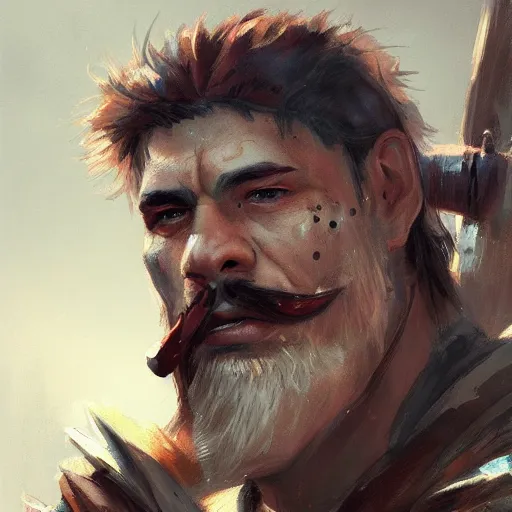 Prompt: portrait old barbarian warrior with trucker mustache and short hair, 8 k, trending on art station, by tooth wu and greg rutkowski