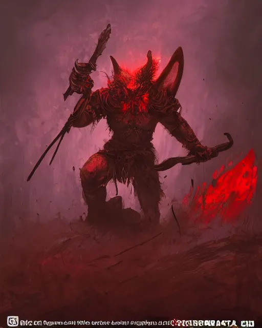 Image similar to Rabbit Berserker, rage, maniac, war paint, red, Khorne, magic the gathering artwork, D&D, fantasy, cinematic lighting, centered, symmetrical, highly detailed, digital painting, artstation, concept art, smooth, sharp focus, illustration, volumetric lighting, epic Composition, 8k, art by Akihiko Yoshida and Greg Rutkowski and Craig Mullins, oil painting, cgsociety