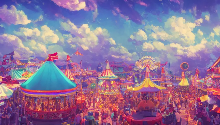 Prompt: A highly detailed matte painting of an old fashioned carnival with a bright shimmering sky by Studio Ghibli, Mokoto Shinkai, by Artgerm, by beeple, volumetric lighting, octane render, 4K resolution, trending on artstation, vivid colours